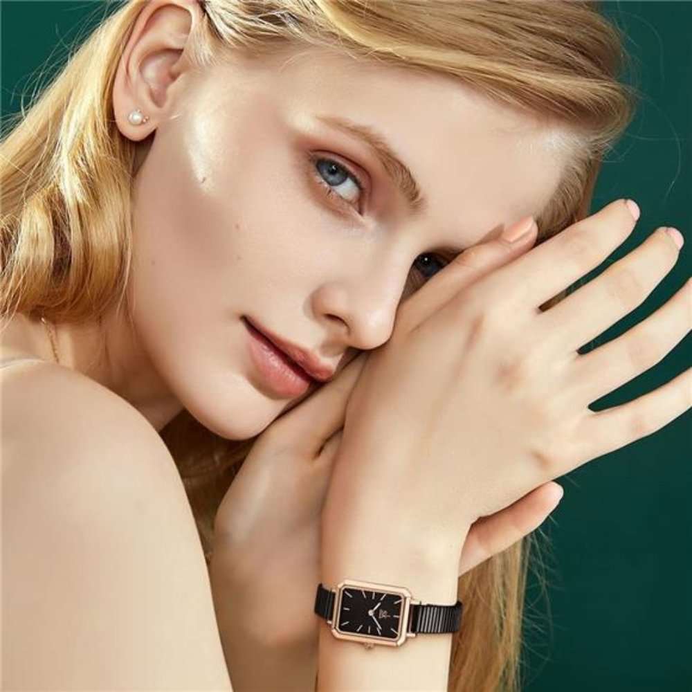 Unique Square Watch Women with Stainless Steel Mesh Band Genuine Leather Watch - Picture 6 of 6